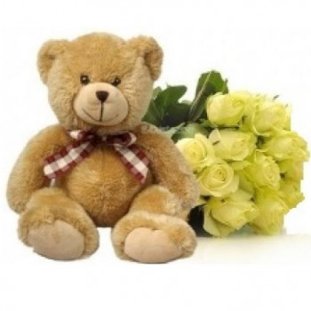 11 white roses 60 cm and a teddy bear