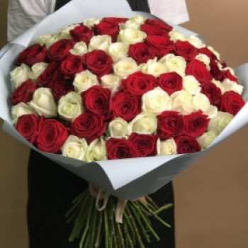 101 красная и белая роза 50 см