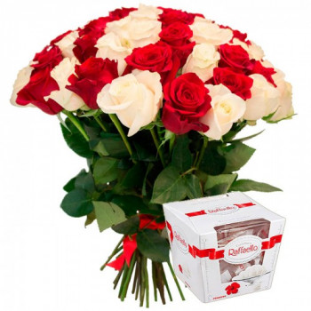 35 red&white roses 40 cm with Rafaelo