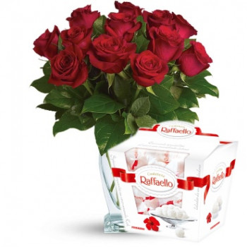 Red roses 50 cm and Rafaello (select the number of flowers)